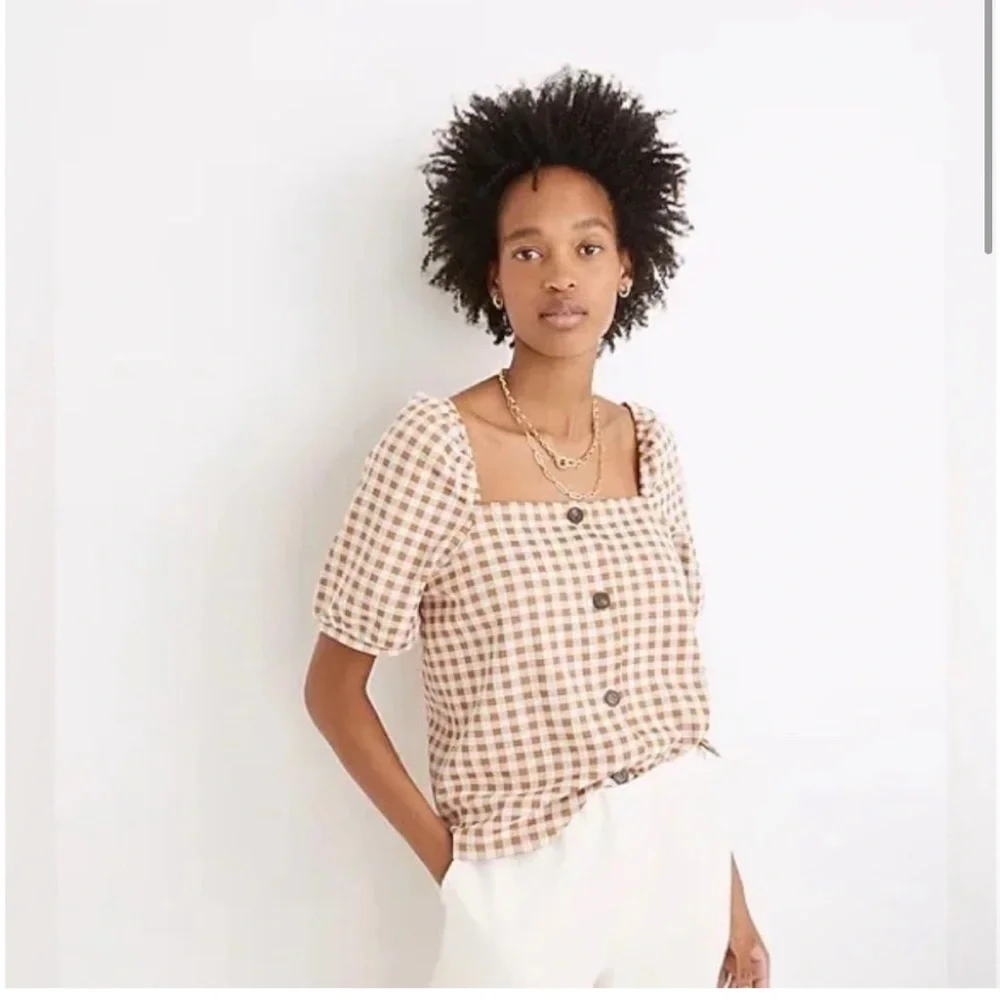 Madewell Cream and Brown Gingham Square-Neck Blouse